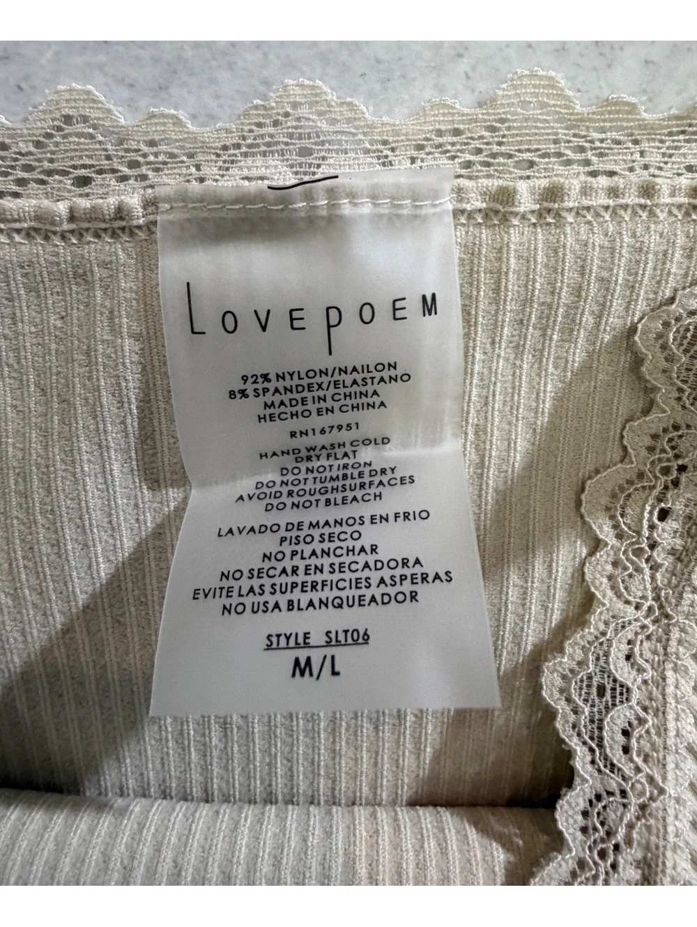 Lovepoem Lace Trim Ribbed Tank Top M/L Beige